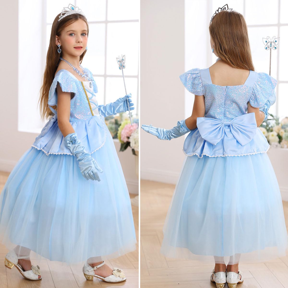 iTVTi Princess Cinderella Costume for Girls Kids Cosplay Dress Carnival Halloween Party Outfit, Blue, 5-6 Years