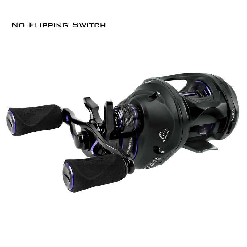 KastKing MegaJaws Elite Baitcasting Reels, 7.2:1 Gear Ratio, Right Handed, Black Violet, Shallow Spool, No Flipping Switch