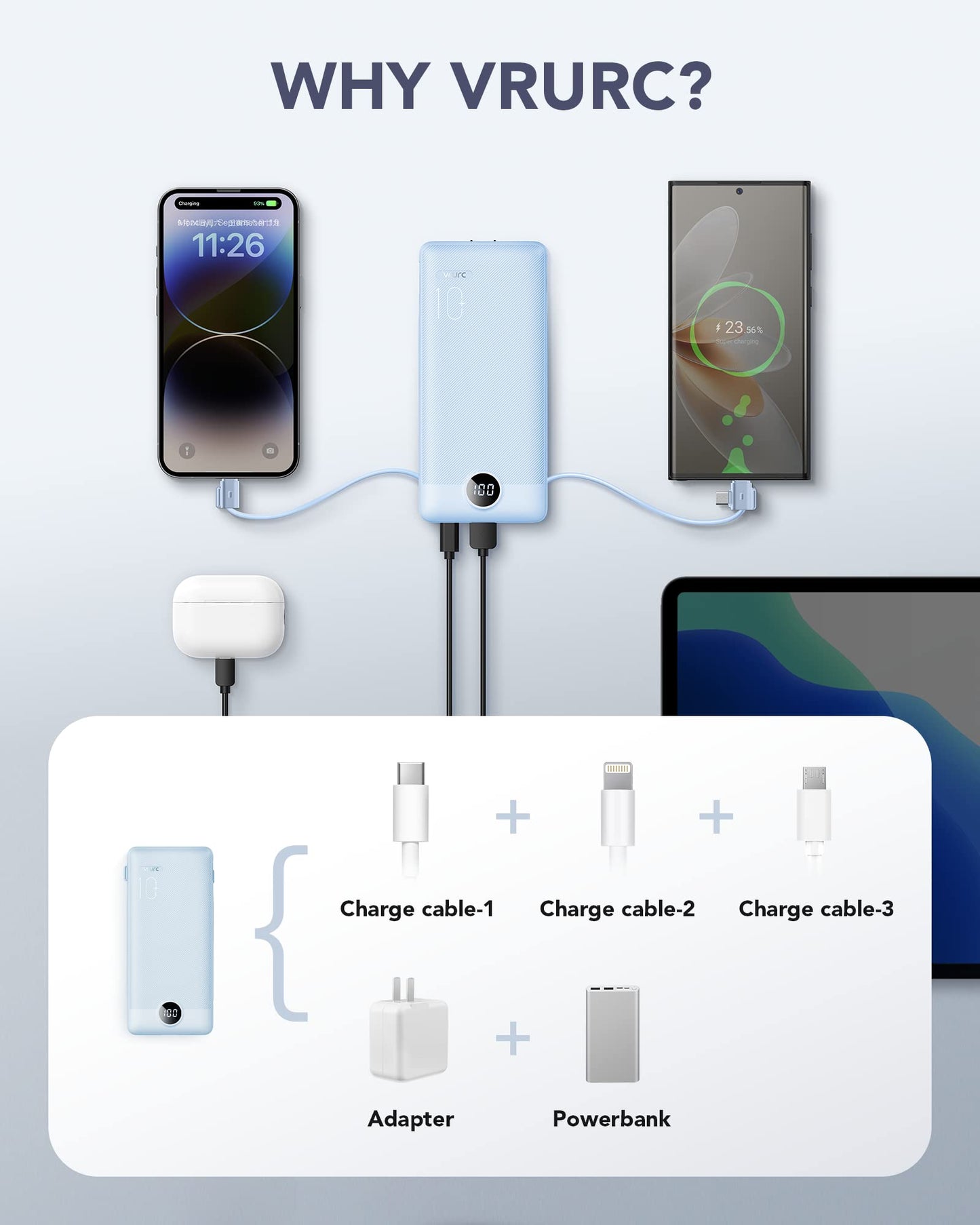 VRURC Portable Charger Built-in Cables and AC Wall Plug, USB C Power Bank 10000mAh, Travel Essentials Phone Charger Compact Lightweight External Battery Pack for Smart Phones, Tablets etc-Pink