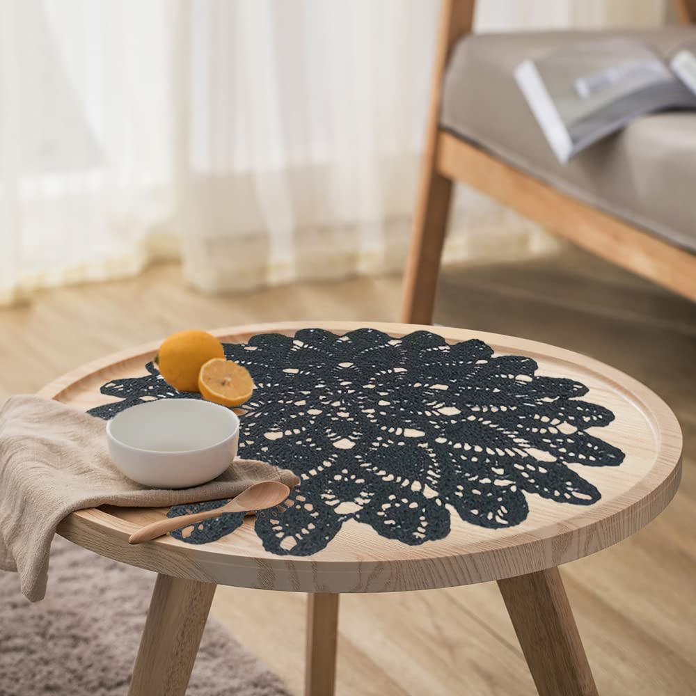 Phantomon 20 Inch Lace Doilies Table Placemats Handmade Crochet Cloth Round Coasters Knitted Doilies for Tables Sofa Cover, 100% Cotton (Black)