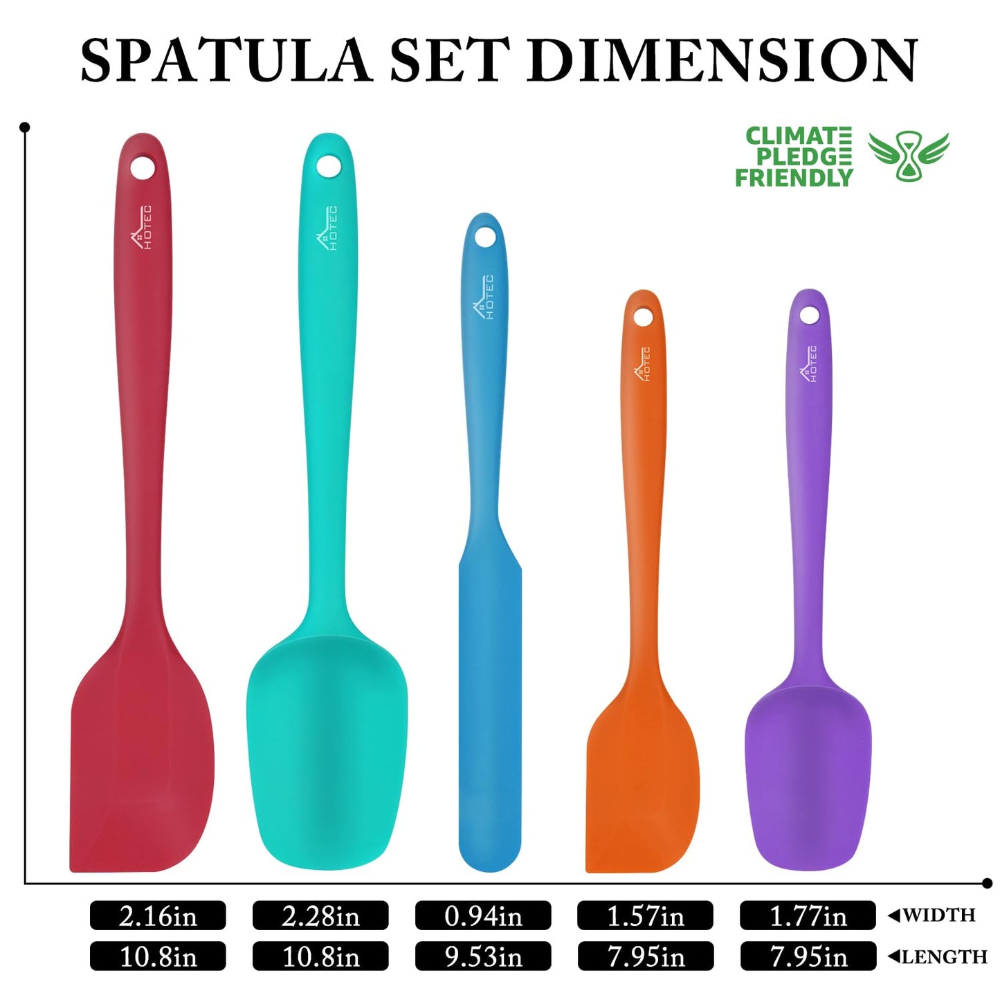 HOTEC Heat Resistant 600℉ Food Grade Silicone Rubber Spatula Set for Baking, Cooking, and Mixing Non Stick Dishwasher Safe BPA-Free Multicolor Set of 5