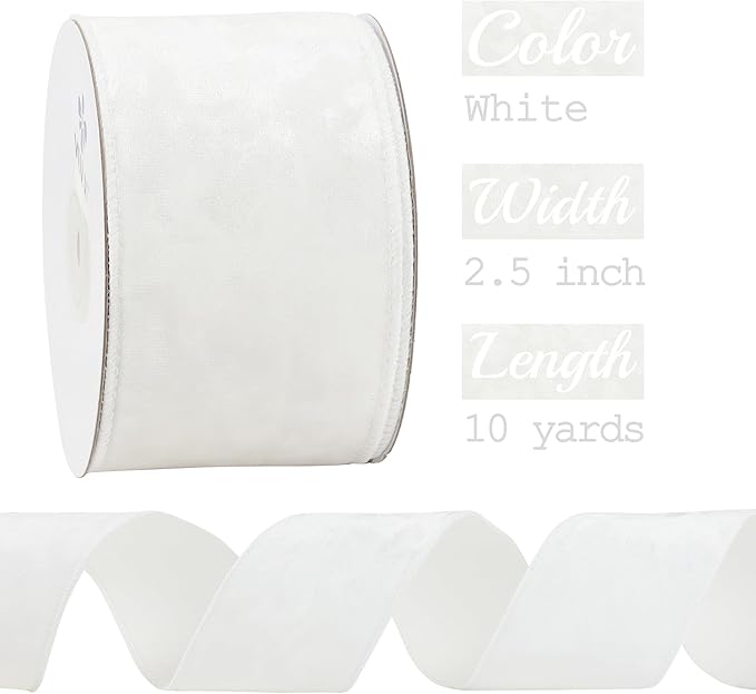 MEEDEE White Crushed Velvet Ribbon 2.5 inch Wired Crushed Velvet Christmas Ribbon 10 Yards for Christmas Tree Decoration, Baskets, Wreaths, Holiday Projects, Wedding Decor and Accents