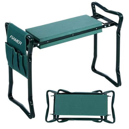 FIAMER Garden Kneeler Seat Folding Stool Work Seat Flower Planting Grass Belt Tool Bag Camping Outdoor Portable Garden Stool with 1 Bonus Tool Pouches (23.5"x19.3", Green)