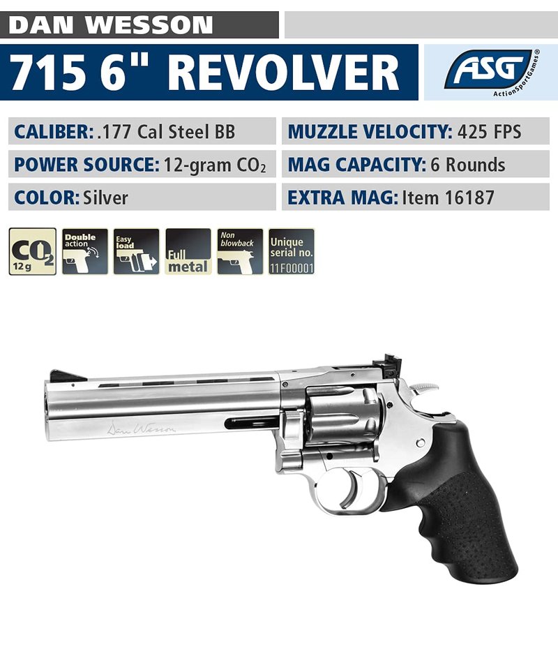 ASG Dan Wesson 715 6" Airgun BB Revolver - CO2 Powered, Double Action, 4.5mm Steel BB - Includes Speed Loader & 6 BB Cartridges - Silver