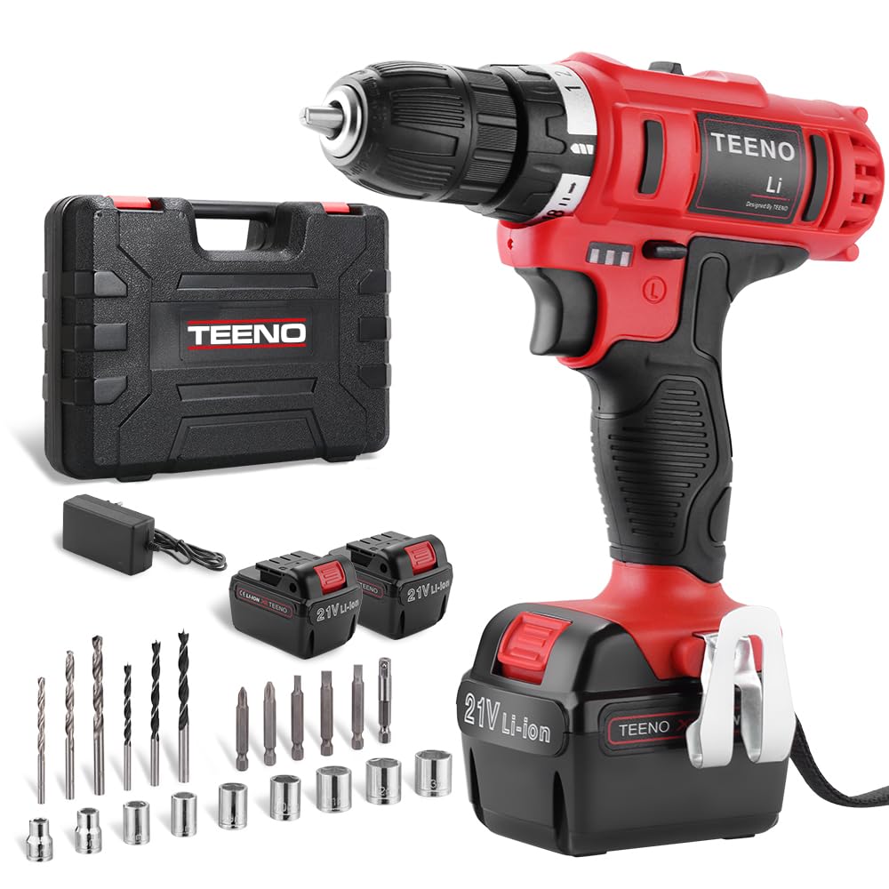 Cordless Drill Driver 21V TEENO,Battery Powered Screwdriver with 2X 1.5Ah Lithium Battery and 20 Accessories,2 Speeds,18+1Torque