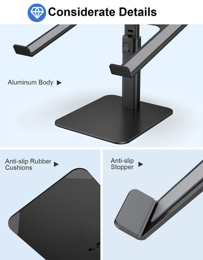 Babacom Laptop Stand for Desk, 8 Adjustable Height Aluminum Laptop Riser, Ergonomic Computer Stand Sit to Stands Desktop Book Stands Compatible with MacBook, Air, Pro and More 10"-16" Notebooks-Black