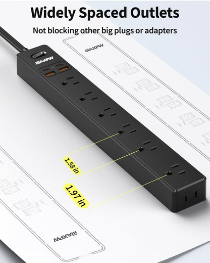 2 Pack Power Strip Surge Protector - 7 Outlets 4 USB Ports (2 USB C), 6 Ft Ultra Thin Flat Plug Extension Cord, 1875W/15A, 1700 Joules, Wall Mount for Home Office Dorm, White