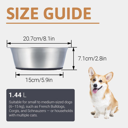 PEGGY11 Stainless Steel Dog Bowls, Nonslip, Food Grade, Dishwasher Safe, Easy to Clean - 1.44L, 2 Pack