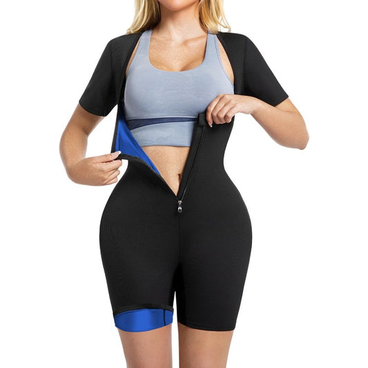 Meiosuns Sauna Suit for Women Ribbed Full Body Sweat Suits Weight Loss Jumpsuit Waist Trainer Shaper 4 in 1 Slimming Heat Trapping Sweat Shirt for Belly Fat Workout Gym Shapewear (Blue, L)