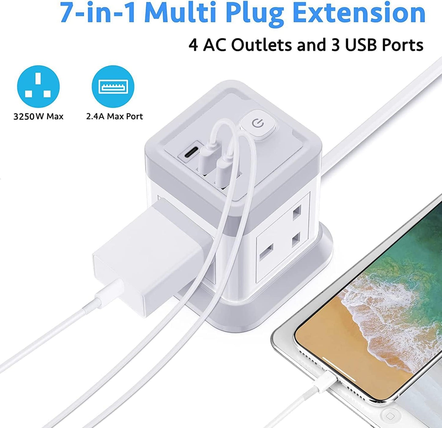 3M Extension Lead Cube With USB, BEVA 4 Gang Extension Socket With 3 USB Ports, Power Strip With Switch Multi Plug Extension with 3 Metre Long Cable For Home Office Travel