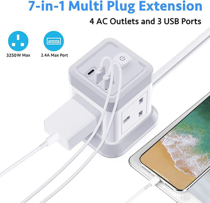 3M Extension Lead Cube With USB, BEVA 4 Gang Extension Socket With 3 USB Ports, Power Strip With Switch Multi Plug Extension with 3 Metre Long Cable For Home Office Travel