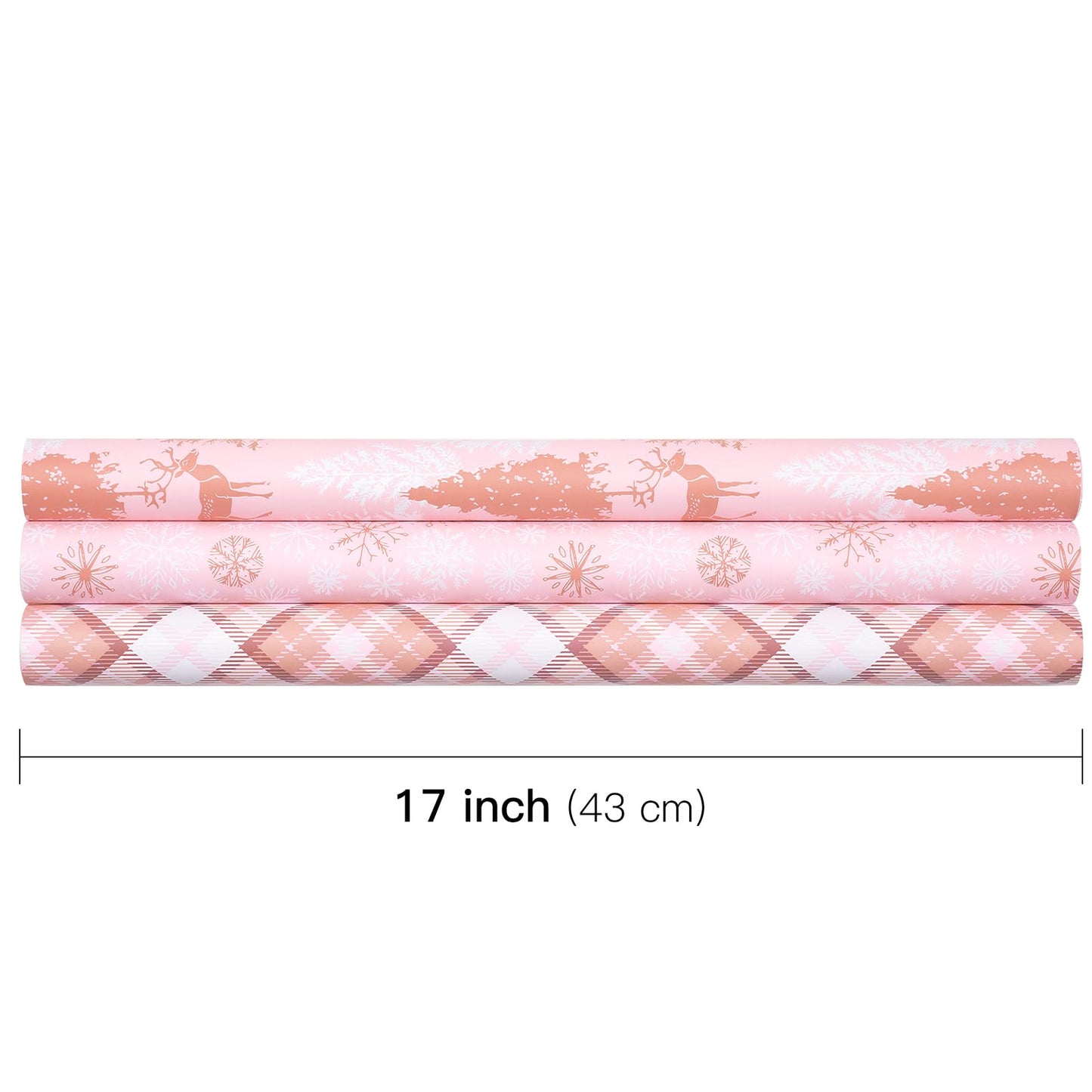 RUSPEPA Pink Christmas Wrapping Paper Set, Mini Roll, Gold Foil Winter Wonderland Design with Reindeer, Snowflake, Plaid Patterns Perfect for Holiday Gifts, 3 Rolls, 17 inches x 10 feet per Roll
