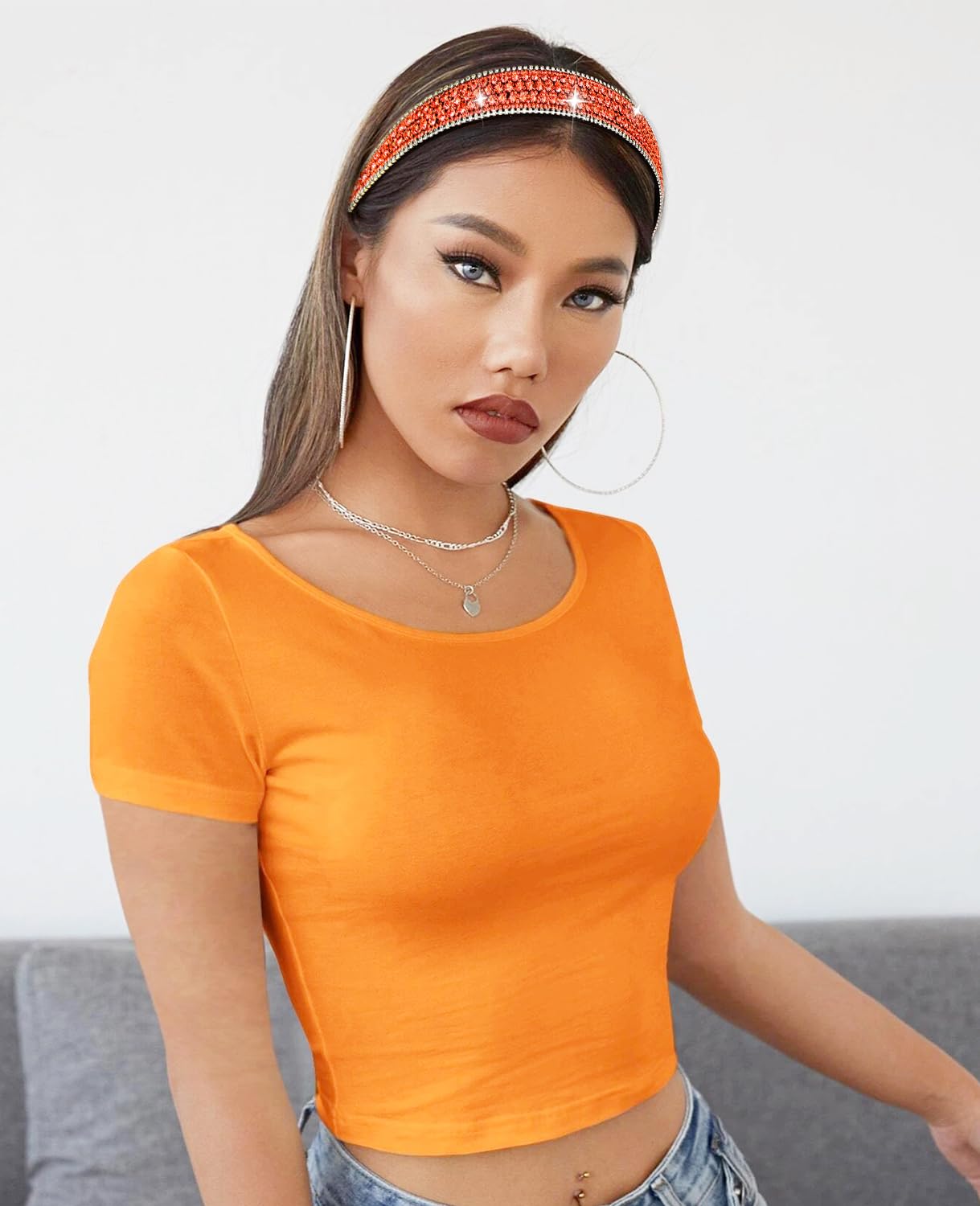 Wecoe Rhinestone Headband - Orange Bling Sparkly Crystal Diamond Thin Hair Band, Fashion Accessory for Women and Girls, Holiday Birthday Halloween Christmas Gift