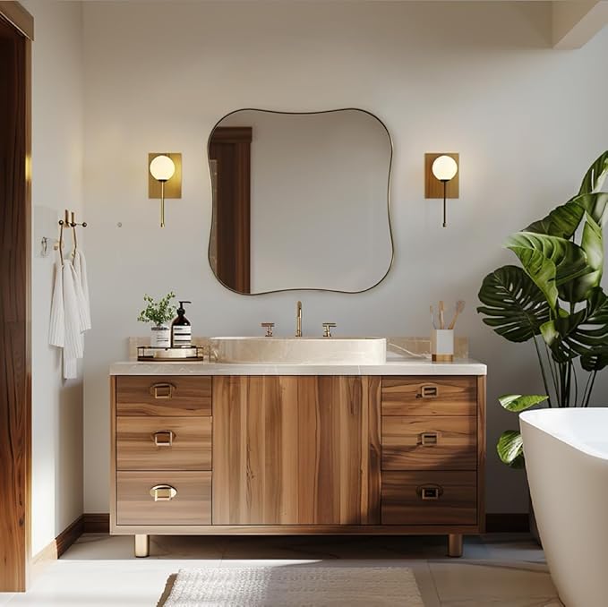 ANDY STAR 24"x24" Brushed Brass Square Mirror, Gold Scalloped Mirror with Unique Notched Edges Design in 1 Inch Stainless Steel Metal Frame for Home Bathroom Wall Mounted