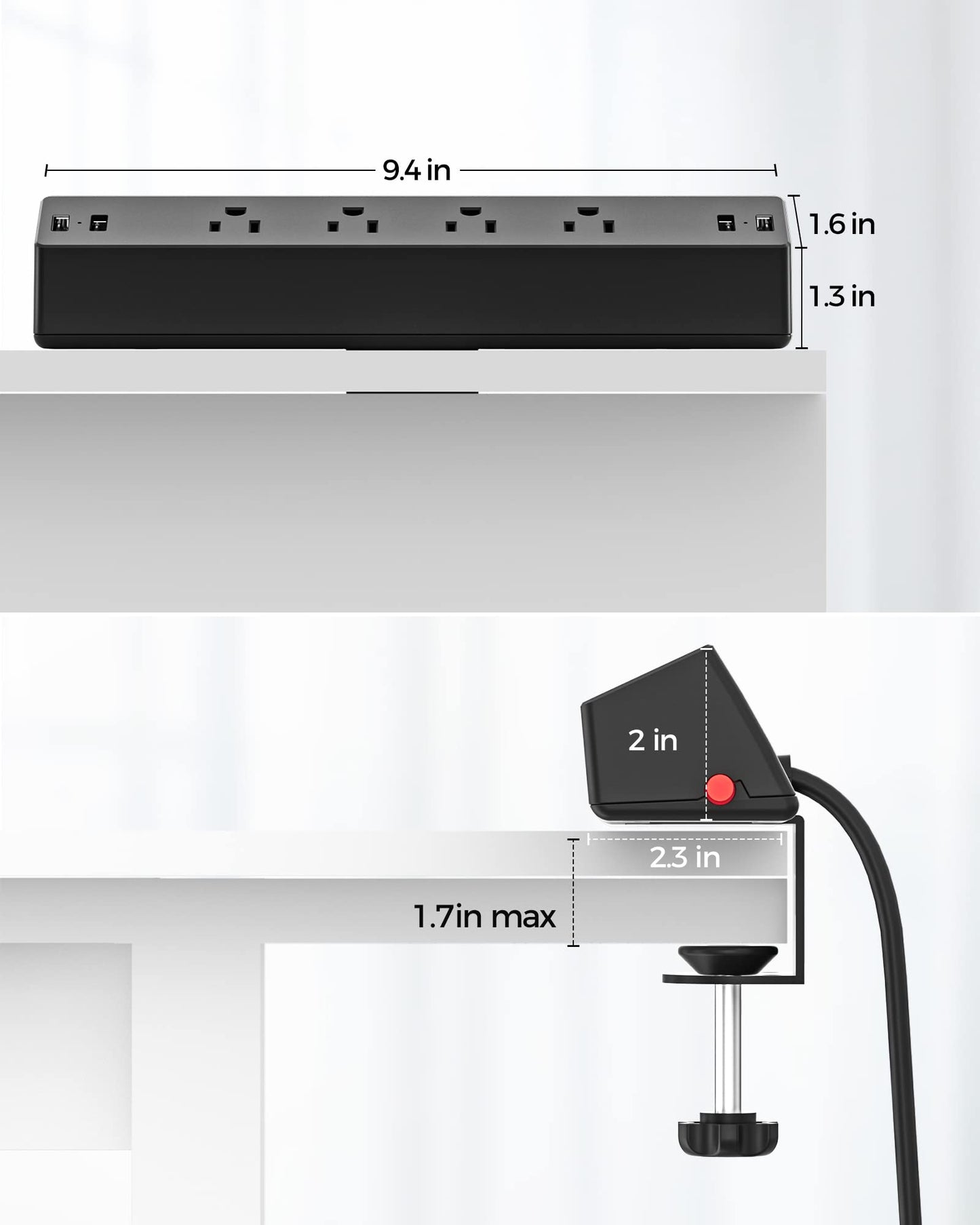 Desk Clamp Power Strip, 1875W Surge Protectors with 2 USB A, 2 USB C Ports, 4 AC Outlets, Desk Mount Charging Station, Fit 1.7 inch Tabletop Edge Thick, Desktop Outlets for Home Office.