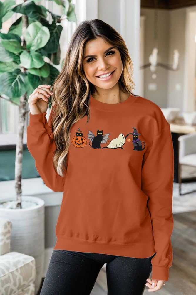 LUKYCILD Halloween Cat Sweatshirt Women Spooky Season Shirts Cute Ghost Cat Pumpkin Tee Halloween Crewneck Pullover Top Brown