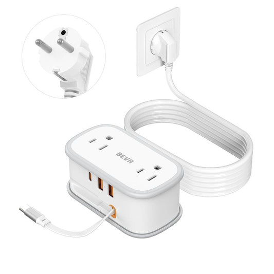 European Travel Plug Adapter, US to Europe Plug Adapter 2 Outlets 3 USB Ports, 5ft Power Cord with USB C Cable, Type E F Plug Adapter for US to Most of Europe Iceland Spain Italy France