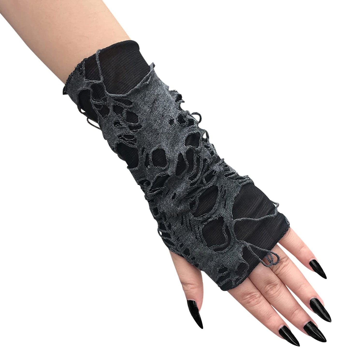 JISEN Women Punk Fingerless Gloves Ripped Cosplay Gothic Mittens for Halloween Costume Party E-Black