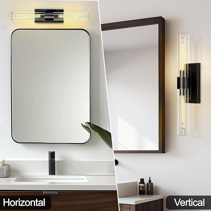 Bronze Vanity Light Sconce, 2-Light Bathroom Wall Sconce Over Mirror, Black Vanity Lights for Bathroom, Dimmable Wall Sconces with Glass Tube, Indoor Linear Wall Sconce for vertical and horizontal
