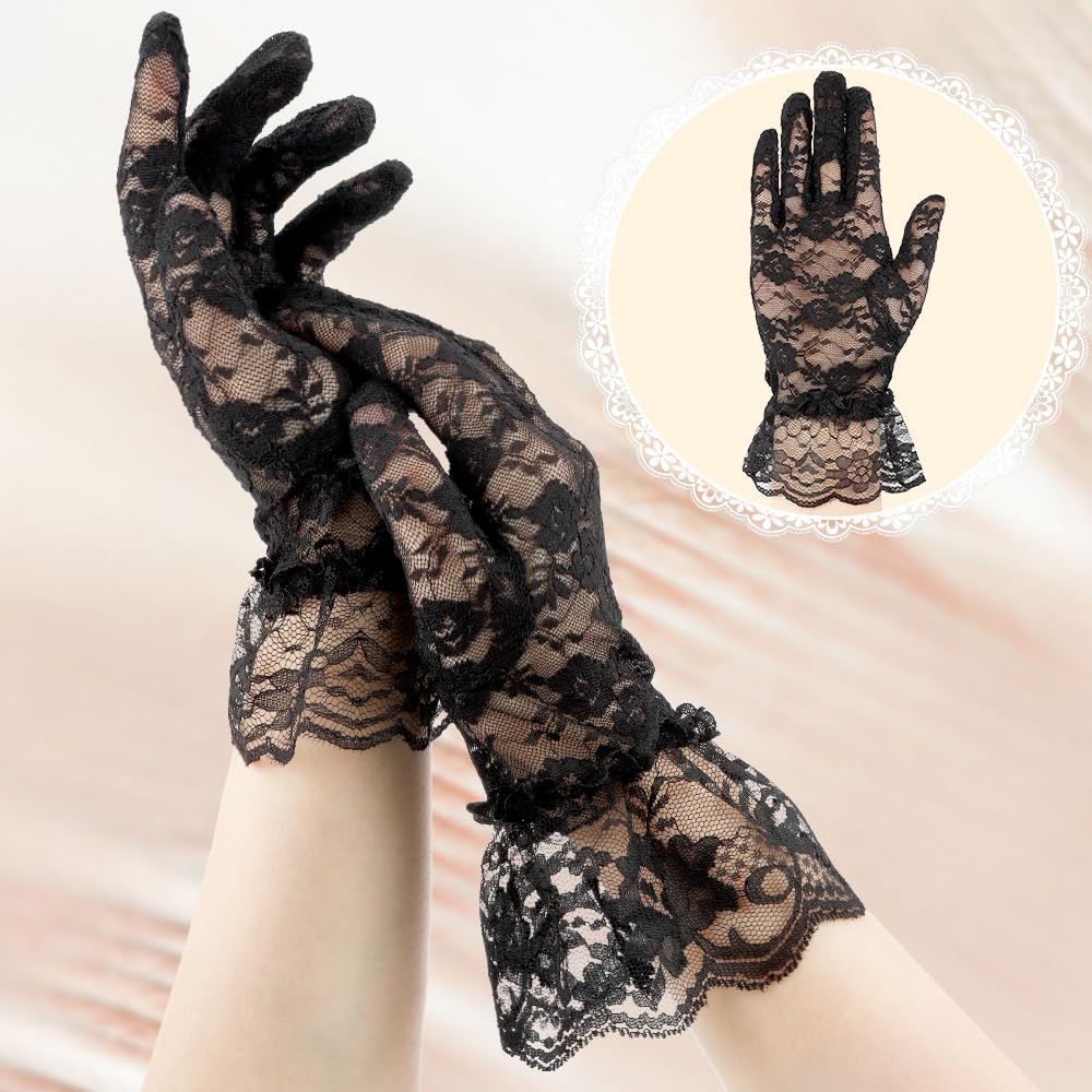 Black Lace Gloves for Halloween, Opera & Tea Party - Women's Fashion Masquerade Gloves