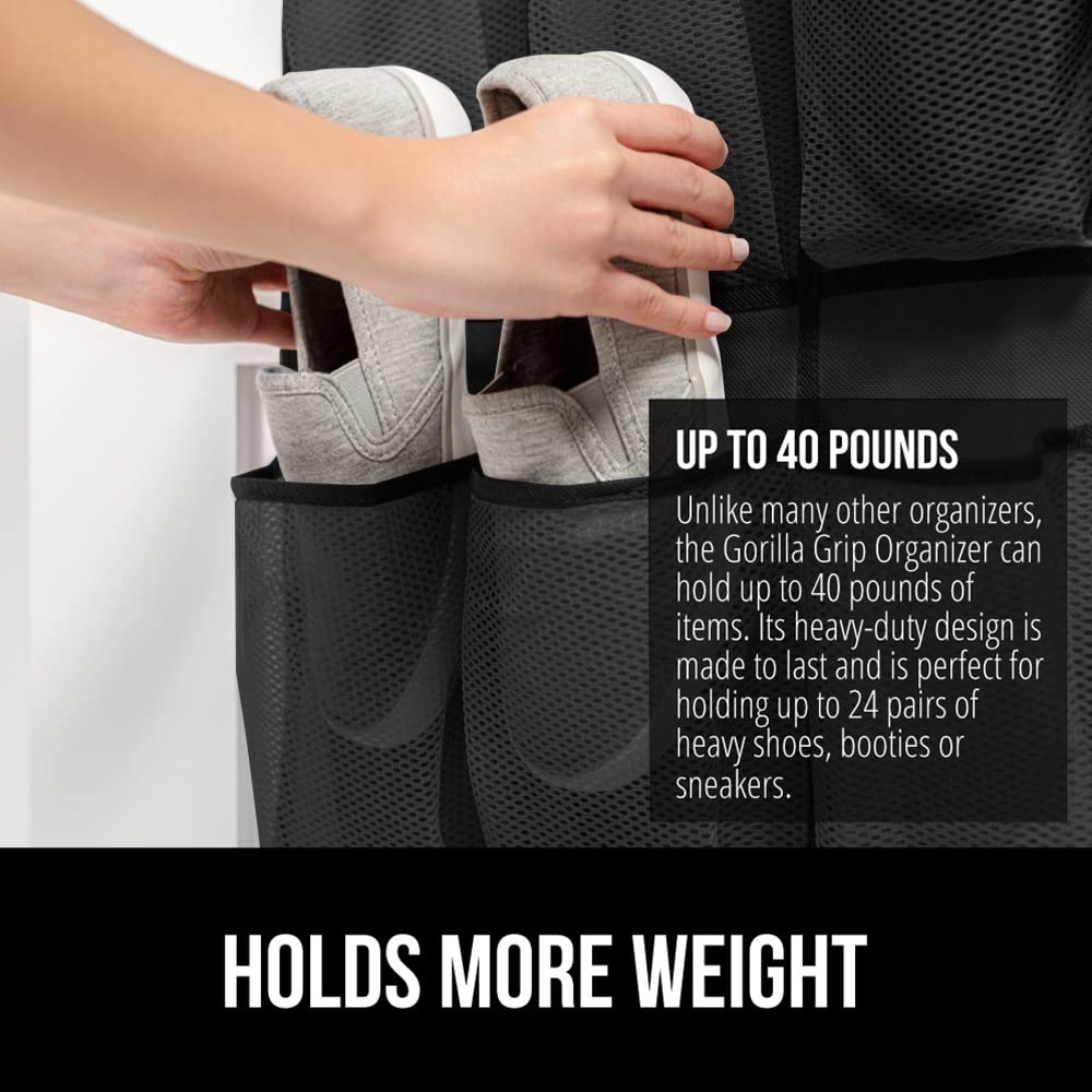 GORILLA GRIP Over the Door Shoe Organizer, 24 Large Breathable Mesh Pockets, Space Saving Hanging Storage Holder, Closet Rack Hanger Holds Up to 40 lbs, Hangs on Closets for Shoes, Accessories, Black