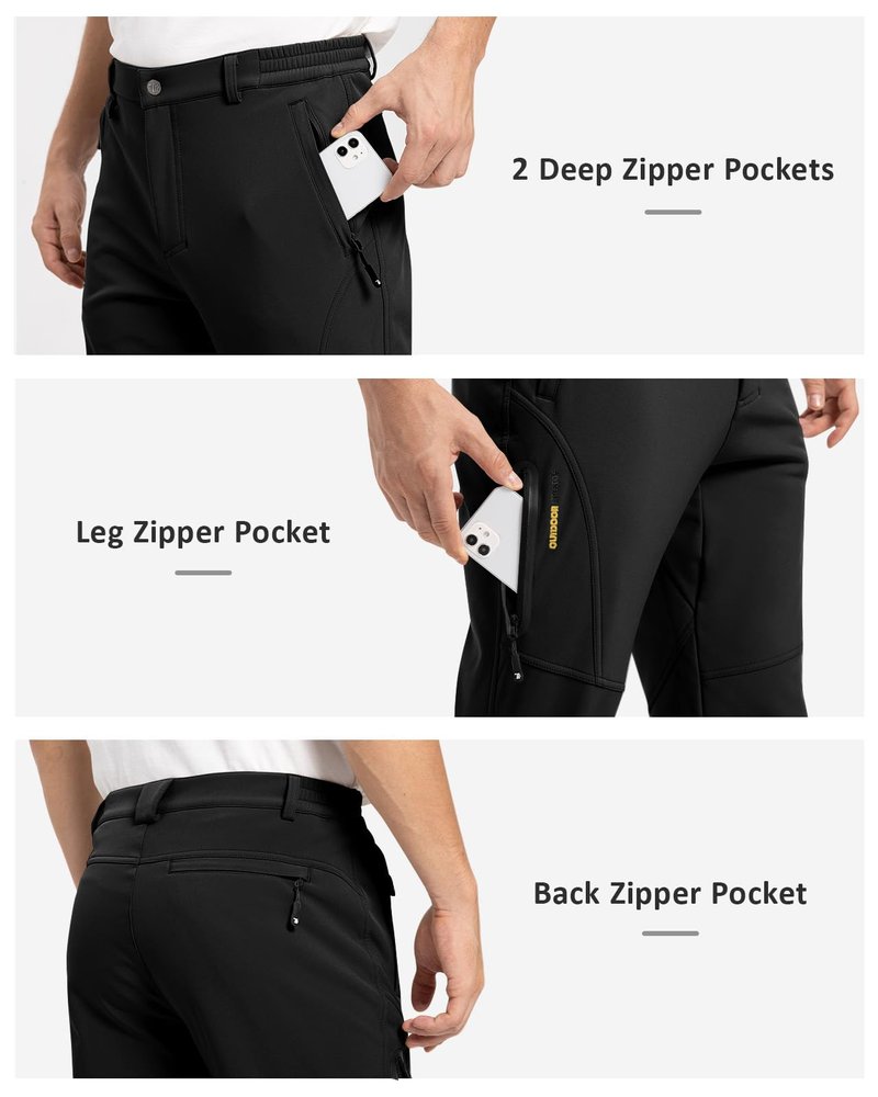 TBMPOY Men's Snow Pants Waterproof Winter Fleece Lined Hiking Ski Softshell Warm Cold Weather Gear Camping Essentials Black 36