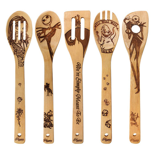 Halloween Idea Utensil Burned Wooden Spoons Set House Warming Wedding Present Slotted Spoon 5 Piece SpoonSet