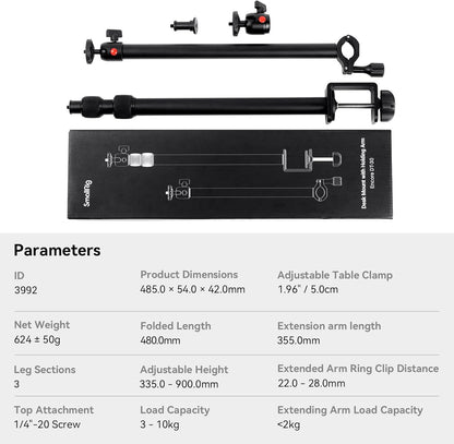 SmallRig Camera Desk Mount Table Stand with Magic Arm and 1/4" Ball Head, 13"-35.4" Adjustable Light Stand, Tabletop C Clamp for DSLR Camera, Ring Light, Live Streaming, Photo Video Shooting - 3992