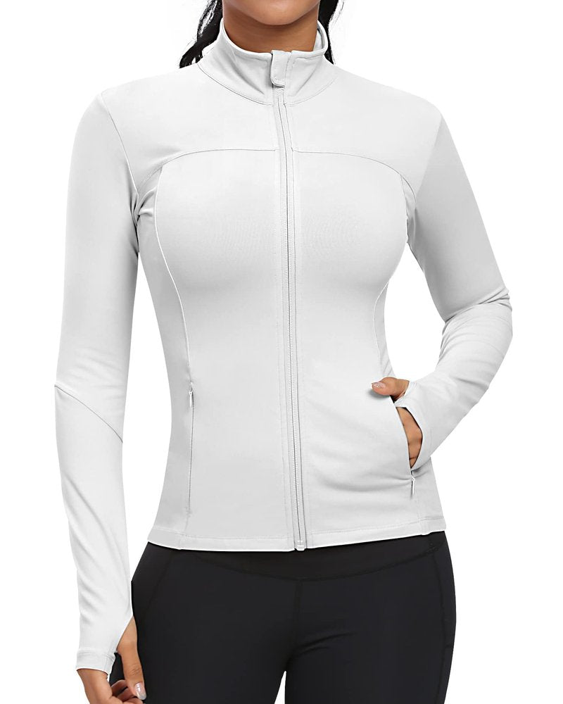 GYM RAINBOW Workout Jackets for Women, Full Zip Slim Fit Lightweight Athletic Running Sports Track Jacket with Pockets(1-White,Medium)