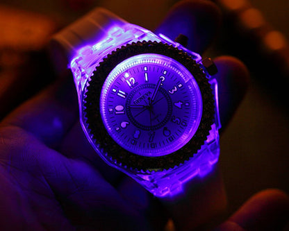 FANMIS Unisex Sports Rhinestone LED Flashing Light up Color Changing Silicone Jelly Watch Black