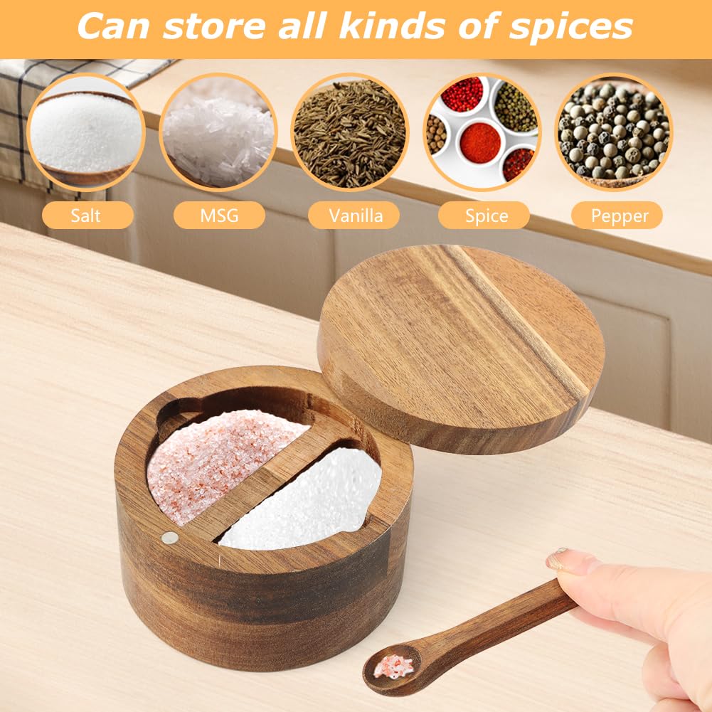 Restynic Wood Salt & Pepper Bowl with Magnetic Swivel Lid - Built-in Spoon, Natural Wood Grain, for Kitchen Spice Storage or Gifting(COLOR:Two Compartment)