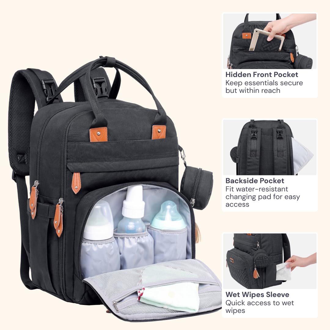 BabbleRoo Baby Changing Bag Backpack, Nappy Changing Back Pack Diaper Bags with Changing Mat & Pacifier Holder for Mom & Dad (Black)