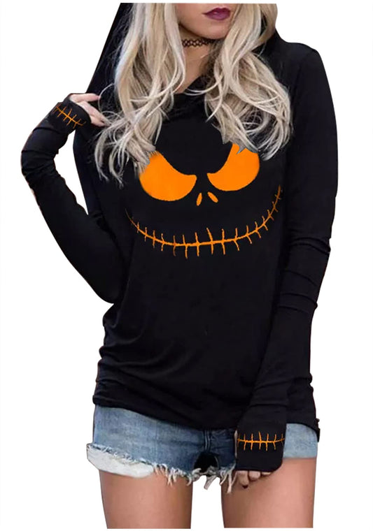 CHUNTIANRAN Women's Halloween Long Sleeve Hoodie T Shirt Horror Skull Silhouette lightweight Sweatshirt Novelty Pullover Hoodie Tops(Black Orange M)