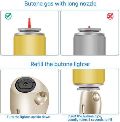 Butane Lighter Torch Long Jet Flame Windproof Lighter with Visual Fuel Window for Fireplace Kitchen Grill BBQ Camping, Gold (No Butane Included)