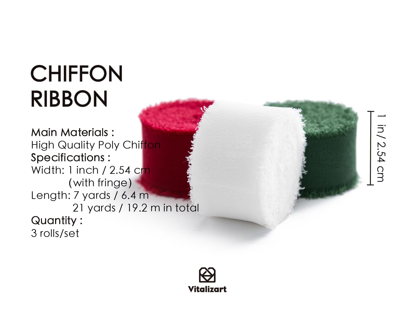 Vitalizart Christmas Ribbon Chiffon Silk Fringes 1" x 21 Yd Fabric Package (3 Rolls * 7 Yd) for Wedding Invitations Bridal Bouquets Decorations Gifts Wrapping & Bow Making Green Red & White
