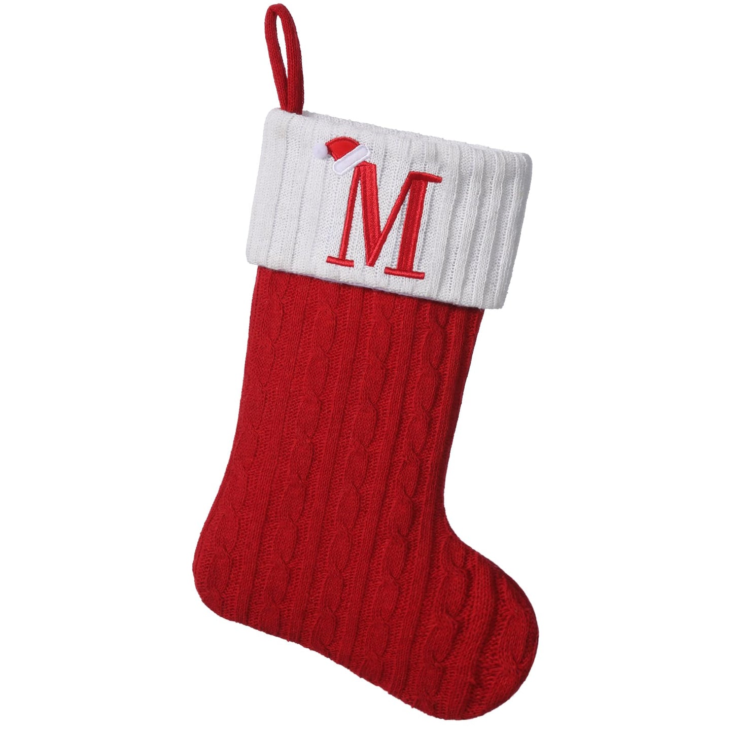 Yehnois 19.5 inch Red Knit Christmas Stockings,Personalized Embroidered Letter Christmas Stocking,Family Holiday Xmas Party Decor (Initial M)