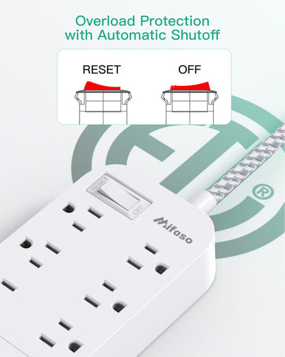 Power Strip - 10 FT Long Flat Plug Extension Cord, 6 Outlets 2 USB A 2 USB C Ports Outlet Extender with Overload Protection, Wall Mount, Desktop Charging Station for Home, Office and Dorm Essential