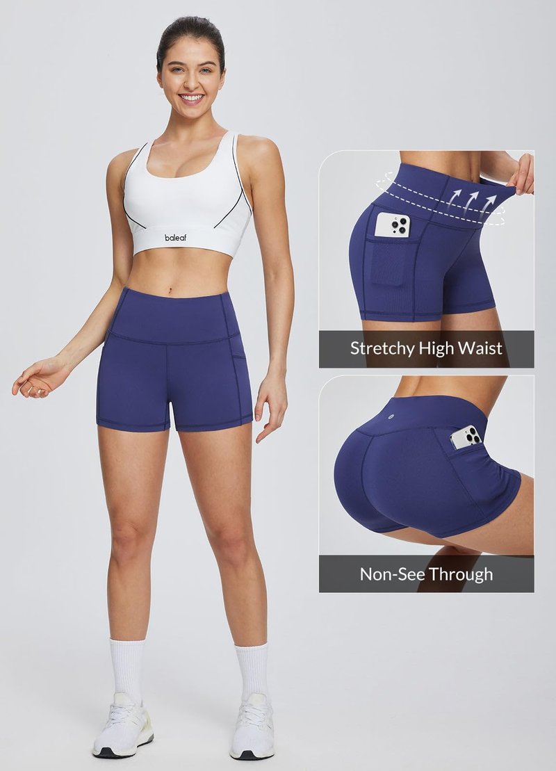 baleaf Gym Workout Shorts Women 3" Biker Yoga Spandex Running Volleyball Tummy Control Compression Short with Pockets Navy Blue XS