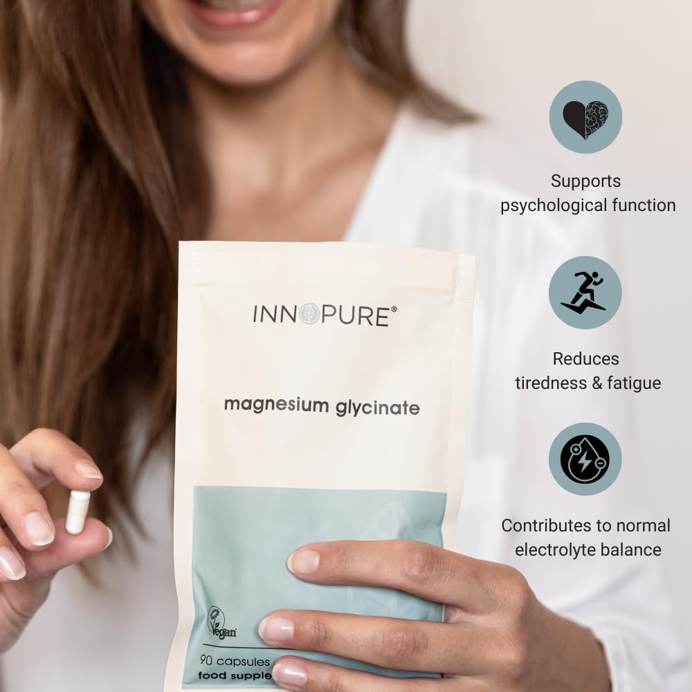 INNOPURE Magnesium Glycinate - 90 Capsules - Bioavailable Magnesium Supplements - 1000mg Per Serving (2 Capsules) Providing 200mg of Elemental Magnesium Bisglycinate Powder - Made in The UK