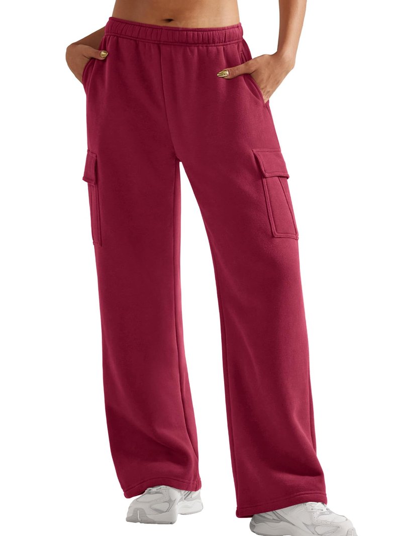 YEOREO Sweatpants Womens Cargo Pants Fleece Lined Wide Leg Joggers Baggy Drawstring Nairi Sweat Pants with Pockets Ancora Red M