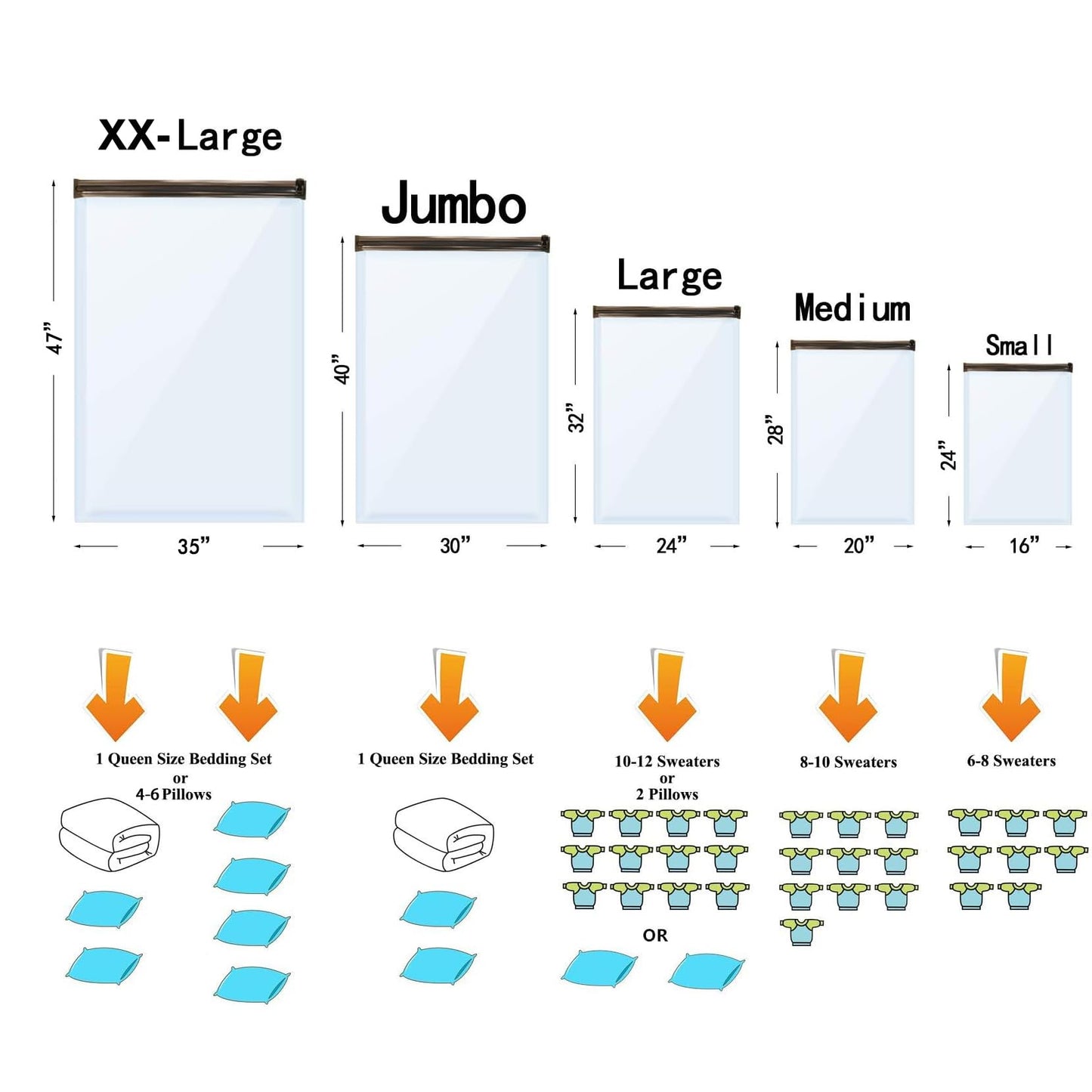 12 Pack Vacuum Storage Bags (3 Jumbo, 3 Large, 3 Medium, 3 Small),Plastic Packaging Bags,Space Saver Sealer Compression Bags with Travel Hand Pump for Blankets, Comforters, Pillows, Clothes Storage