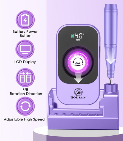 Portable Nail Drill Electric File: 40000RPM Professional Rechargeable Nail E-File Machine, Cordless Nail Drill with Bits & Base for Acrylic Nails Remove Nail Gel Polish Manicure for Salon Home, White