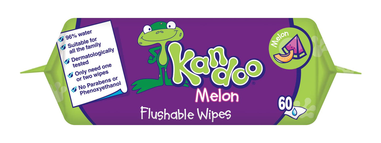 Kandoo Melon Flushable Moist Toilet Wipes, 4 x 60 Wipes (Total 240 ), Biodegradable and Plastic Free, Wet Toilet Tissues for Toddlers, Melon Scented, Multipack