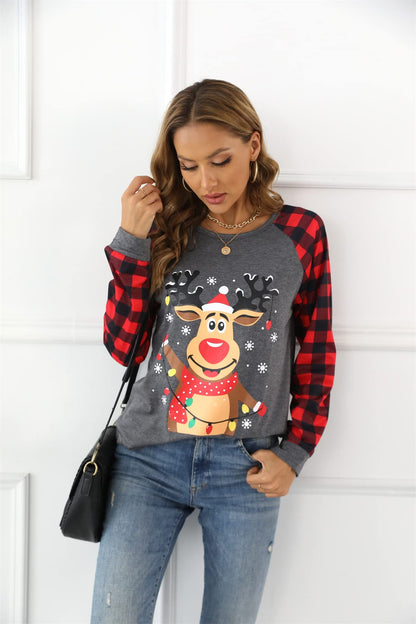 Women Merry Christmas T-Shirt Long Sleeve Plaid Raglan Splicing Reindeer Graphic Baseball Tee Top Christmas Santa Shirts Gray Red Reindeer 4325-L