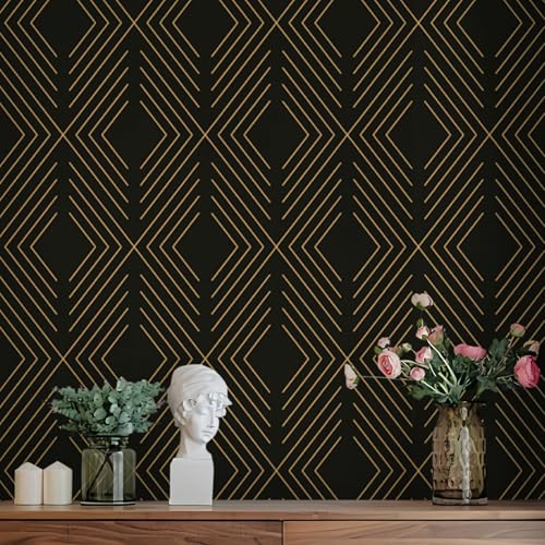 LiKiLiKi Peel and Stick Wallpaper Black and Gold Contact Paper Geometric Modern Wall Paper for Nursery Room Bedroom Bathroom Cabinets and Drawers Vinyl Roll Self-Adhesive Waterproof 17.3¡± x 78.7¡±