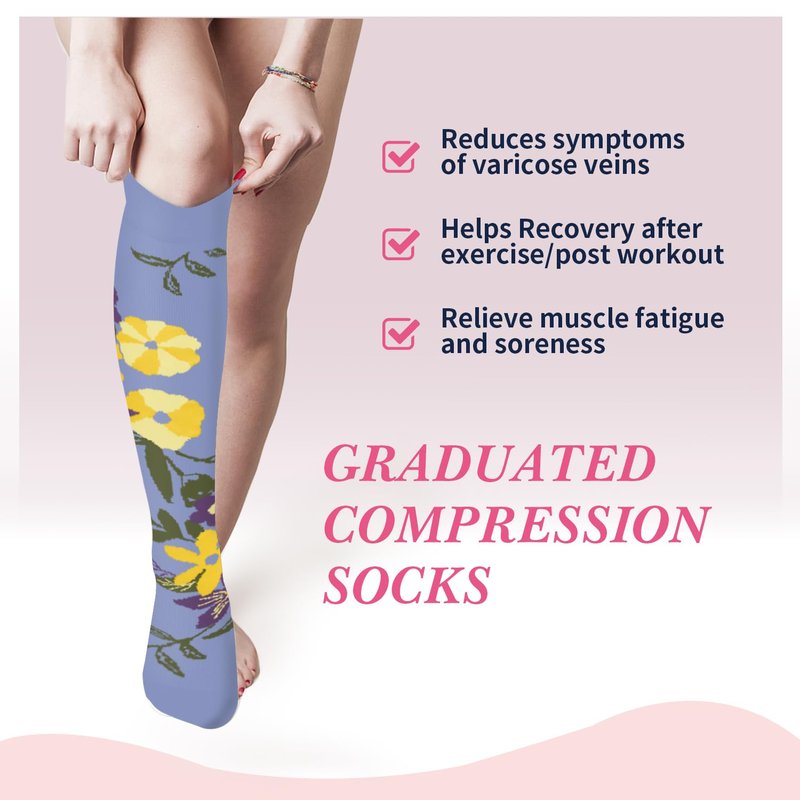 Sooverki Compression Socks for Women & Men 6 Pairs is Best Supportive Knee High Leg Warmers for Purple Yellow Floral Flower Fashion Pattern Arch Support Cushioned