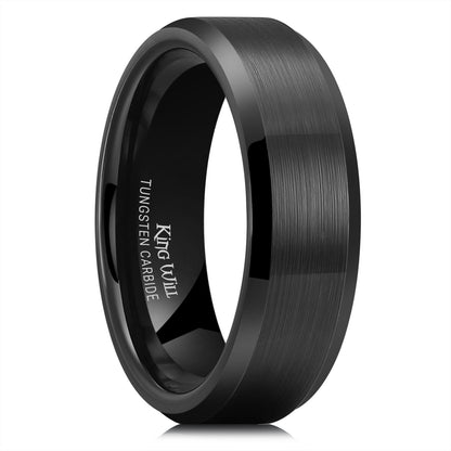 King Will BASIC 7mm Men Black Tungsten Carbide Wedding Ring Brushed Finish Beveled Polished Edge 10