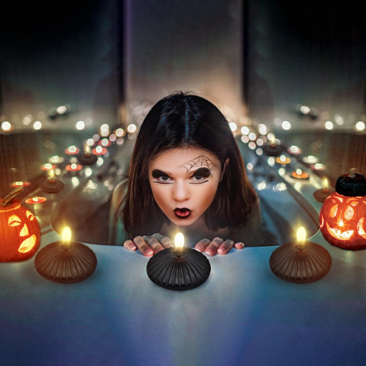 12 Pack 3 Inch Black Floating Candles, 10 Hour Unscented Dripless Tealight Candles for Cylinder Vases, Centerpieces at Wedding Party Halloween - Wavy Float Candle