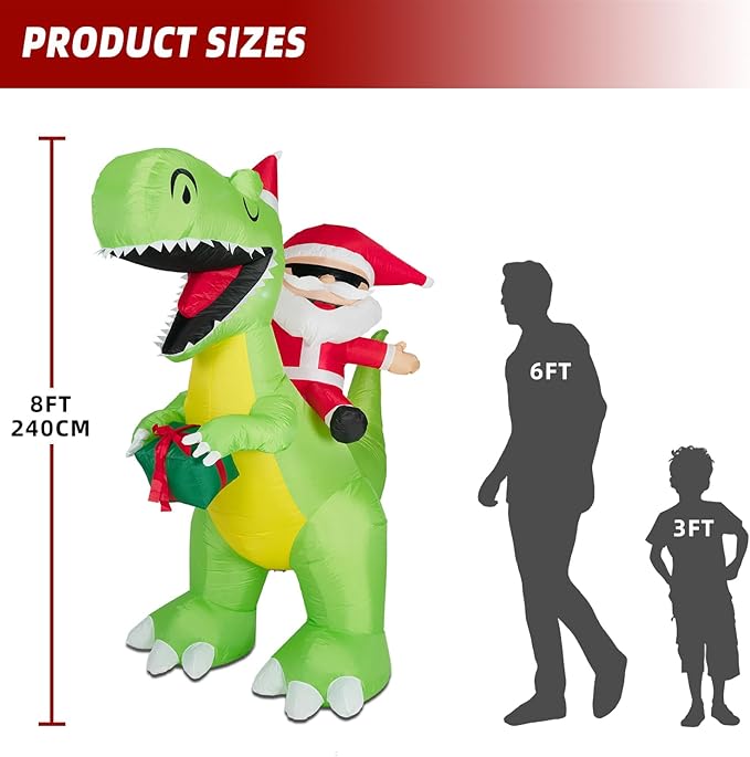 ININ 8FT Christmas Inflatables Santa Claus Riding Dinosaur Decorations Outdoor,Christmas Blow Up Santa Claus Yard Decorations Built-in LED Lights,Holiday Party Decor,for Yard/Lawn/Garden.
