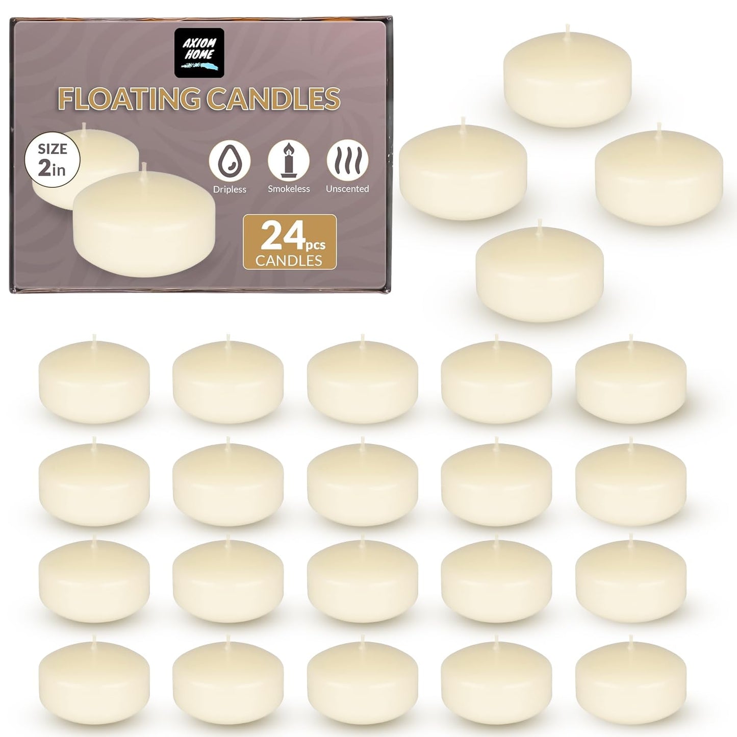 Axiom Floating Candles for Centerpieces - 2 inch Hand-Rolled Paraffin, Cotton Wicks, 4-Hour Clean Burn - Unscented, Dripless Water Candles for Wedding